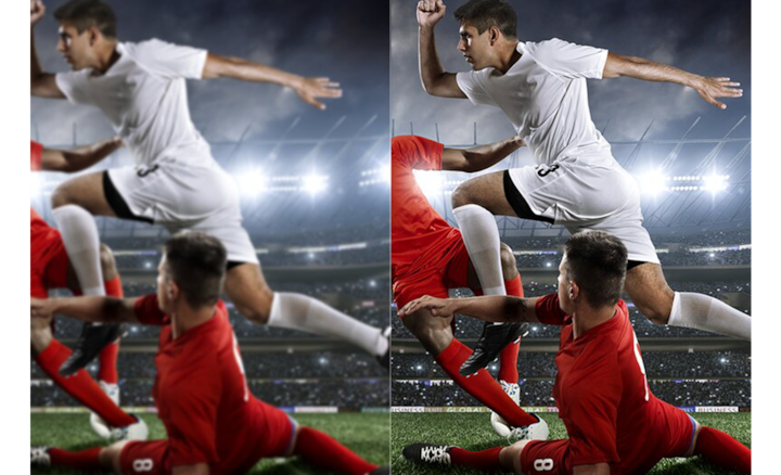 Две фотографии показывают разницу в качестве изображения игрока, который в прыжке вырывается из перехвата соперника