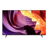 Телевизор BRAVIA X80K с изображением фиолетовых и оранжевых объектов на экране, вид спереди