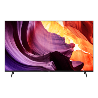 Телевизор BRAVIA X80K с изображением фиолетовых и оранжевых объектов на экране, вид спереди