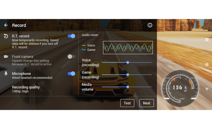 Снимок экрана из гоночной игры с настройками записи перемотки времени
