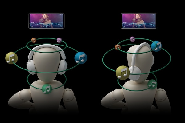 Два человека в наушниках окружены звуковыми пузырями. Голова слева расположена прямо, а голова и пузыри справа наклонены