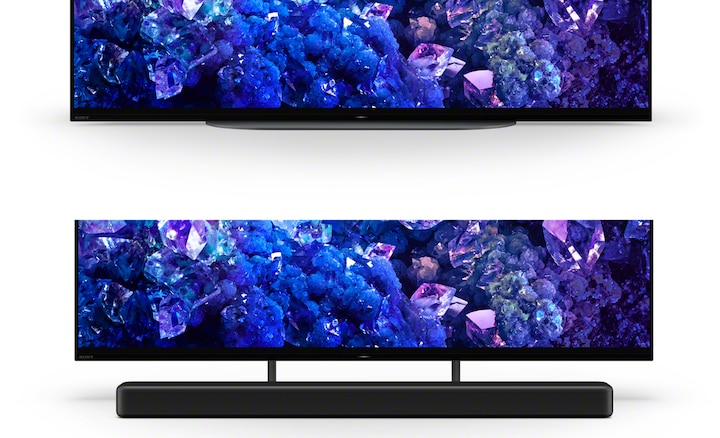 Изображение двойной многопозиционной подставки и телевизора BRAVIA с изображением синих кристаллов