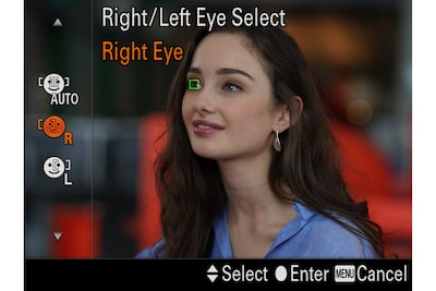 Монитор с изображением модели, на один глаз которой наложена рамка автофокусировки; отображаются элементы для выбора глаза